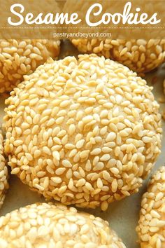 sesame cookies on a baking sheet with text overlay