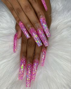 Rainbow Glitter Nails, Mango Nails, Pink Sparkle Nails, Chunky Glitter Nails, Hollywood Nails, Glitter Nails Acrylic, Pink Glitter Nails