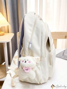 BirdinBag - Versatile Letter Patch Backpack for Students - Ideal for School, College, and Travel Large Capacity Cream School Bag, Back To School Large Capacity Cream Backpack, Student Backpack With Adjustable Strap In Cream, Student Cream Backpack With Adjustable Strap, Cream Backpack With Adjustable Strap For Students, Large Capacity Cream Backpack For Students, Cream Softback Bags For Students, Back To School Beige Backpack Shoulder Bag, Rectangular Cream Backpack For School