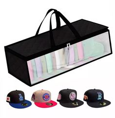 baseball caps and hats in a storage bag