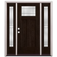 a black door with two glass panels on the front and side doors, both in dark wood