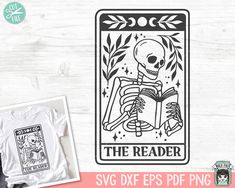 an image of a skeleton reading a book with the text, the reader svg dxf eps png