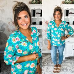 Step into spring with the Hello Lady Blouse from Andree by Unit. This relaxed fit blouse features a split neckline and vintage-inspired teal and floral print. Crafted with lightweight rayon, it’s easy to wear with a pair of jeans or shorts on warmer days. The long sleeves and relaxed sleeve and cuff add to its chic, retro style. The Hello Lady Blouse is perfect for adding a timeless, feminine touch to your wardrobe. 100% Rayon Want to view this on the *Live* Sizing & Styling Guide?! Watch it in Hello Lady, Rachel Clark, Styling Guide, Hello Ladies, Fitted Blouses, Retro Style, Style Guides, Retro Fashion, Blouses For Women