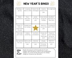 the new year's bingo game is shown with gold stars on it and black background