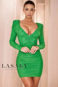 Lasaky - Long Sleeve Ruched Bodycon Mesh Mini Bandage Dress Green Fitted Mini Dress With Ruched Bodice, Fitted Green Mini Dress With Ruched Bodice, Short Long Sleeve Dress, Bright Green Dress, Knit Dress Pattern, Cocktail Bars, Timeless Outfits, Green Dresses, Bandage Dress Bodycon