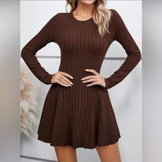 New Boutique Item Chocolate Brown Ribbed Long Sleeve Skater Flare Dress This Chocolate Brown Ribbed Long Sleeve Skater Flare Dress Is The Perfect Choice For The Fall Season! Crafted From Lightweight Ribbed Fabric, This Comfy Dress Is Sure To Keep You Cozy And Trendy All Day Long. 95% Polyester 5% Elastane Brown Ribbed Mini Dress, Brown Ribbed Stretch Sweater Dress, Brown Stretch Ribbed Sweater Dress, Stretch Ribbed Brown Sweater Dress, Brown Ribbed Stretch Dresses, Ribbed Crew Neck Fall Dresses, Fall Ribbed Crew Neck Dress, Fall Crew Neck Ribbed Dresses, Comfy Dress