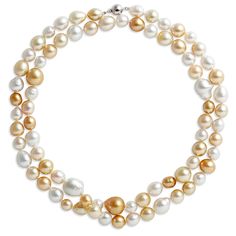 This stunning Baroque style pearl strand featured gorgeous pearls that showcase the natural shape and beauty with hues ranging from white to silver and shades of gold. Strung with 14k white gold, this piece is a pearl-lover’s dream and the epitome of luxury. Responsibly sourced and expertly crafted, this is a true heirloom-quality piece made to be worn and loved for a lifetime and passed down for generations to come. South Sea Pearl Necklace, Golden South Sea Pearls, Pearl Strand, Sea Pearl, Shades Of Gold, Pearl Strands, Baroque Fashion, South Sea Pearls, Metal Necklaces