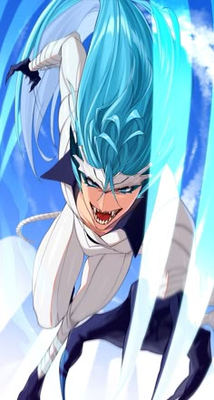 an anime character with blue hair is flying through the air