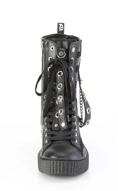 Half skate shoe, half wicked creeper. Demonia Sneekers are a comfy shoe with an edge. Black vegan leather fishnet Cone studs Buckle decal 1 1/2" (38mm) platform rubber sole Striped contrast side panels Riveted handing strap Chain details Inner side zip closure High Top Lace-up front Mid-Calf boot U.S mens sizing, refer to size chart for more info. Punk Style Synthetic Platform Boots, Emo High-top Leather Platform Boots, Emo Leather Boots For Streetwear, Emo Style Lace-up Platform Boots For Streetwear, Edgy Leather Low-top Platform Boots, Edgy Low-top Platform Boots For Streetwear, Edgy Low-top Leather Platform Boots, Edgy Platform Boots With Rubber Sole, High-top Spiked Alternative Platform Boots