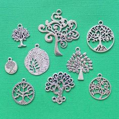 Tree of Life Charm Collection Antique Silver Tone 9 Charms - COL058 | Bohemian Findings Weave Shop, Charm Collection, Beading Tools, Beads Bracelet Design, Beading Needles, Leather Weaving, Drop Beads, Wine Charms, Jewelry Tools