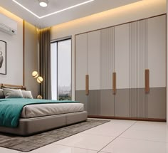 a bedroom with a large bed and sliding closets in the wall next to it