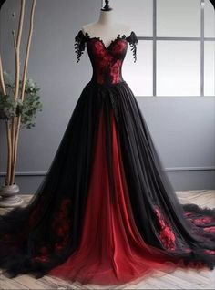 Black Red Gothic Wedding Dresses A Line Off Shoulder Lace Appliques Bridal Gowns | eBay Off Shoulder Prom Dress, Dress Black And Red, Modern Fairy, Black Wedding Gowns, Gothic Wedding Dress, Red Wedding Dresses, Prom Dress Inspiration, Fantasy Gowns, Pretty Prom Dresses