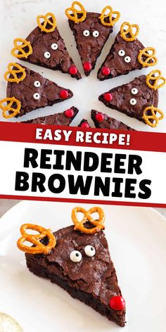 a slice of reindeer brownie with pretzels on top