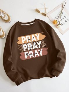 Coffee Brown Casual Collar Long Sleeve Fabric Leopard Print,Letter,Slogan Pullovers Embellished Slight Stretch  Women Plus Clothing