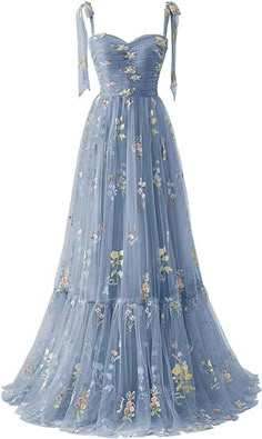 Dusty_Blue Prom Dresses Corset, Tea Length Prom Dress, Flower Prom Dress, Embroidery Tulle, Tulle Prom Dresses, Spaghetti Strap Prom Dress, Floor Length Prom Dresses, Elegant Prom Dresses, Evening Party Gowns