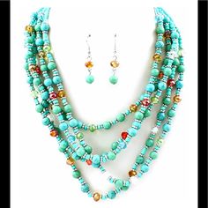 18 Inches Long Necklace And Earring Set Multi Strand / Turquoise Stone / Seed Bead Perfect Gift For Your Loved Ones Turquoise Dangling Beads Costume Jewelry, Turquoise Costume Jewelry With Dangling Beads, Turquoise Multi-strand Jewelry With Large Beads, Turquoise Multi-strand Necklace With Large Beads, Turquoise Faceted Beads Costume Jewelry, Turquoise Dangle Necklaces With Faceted Beads, Turquoise Dangle Jewelry With Colorful Beads, Turquoise Jewelry With Dangling Round Beads, Seed Beads Necklace