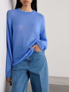 THE ELDER STATESMAN Nimbus oversized cashmere and cotton-blend sweater | NET-A-PORTER Blue Cashmere Top With Ribbed Cuffs, Oversized Fine Knit Sweater For Winter, Oversized Cashmere Sweater For Loungewear, Oversized Chic Sweater With Ribbed Neckline, Long Sleeve Blue Cashmere Sweater, Blue Long Sleeve Cashmere Sweater, Oversized Soft Knit Sweater For Work, Oversized Knit Sweater For Work, Oversized Cashmere Sweater In Soft Knit