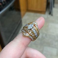 14k Gold And Diamond Ring. Main Diamond Is Approx. 3/4 Carat With Additional Diamonds Surrounding It. Been Professionally Cleaned And Checked Every Year By Kay Jewelers Where It Was Purchased. Size 7 But There Is Room In The Band To Size Up A Bit If Needed. Kay Jewelers, Ring Color, The Band, Womens Jewelry Rings, Diamond Ring, Diamonds, Size 7, Women Jewelry, Band