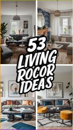 the living room is decorated in white and blue colors with text overlay that reads, 5 living room decor ideas