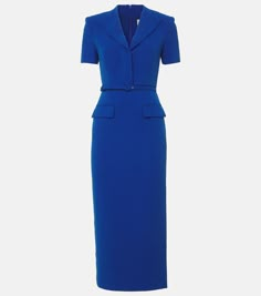 Belted cady midi dress in blue - Roland Mouret | Mytheresa Female Banker Outfit, Belted Fitted Midi Dress, Fitted Belted Midi Dress, Fitted Midi Length Belted Dress, Fitted Midi Length Belted Evening Dress, Belted Long Sleeve Midi Dress For Work, Fitted Sheath Maxi Dress For Work, Office Midi Length Belted Dress, Fitted Maxi Length Office Dress