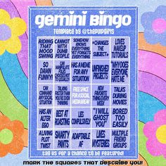 a poster with the words genni bingo written in different colors and sizes on it