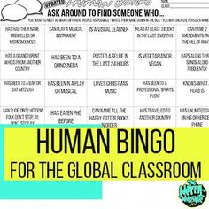 the human bingo for the global classroom is shown in black and white, with text overlay