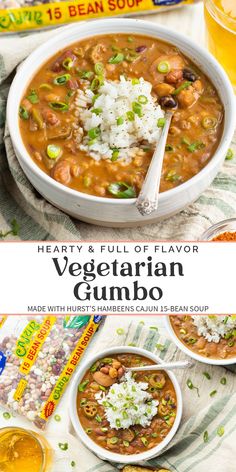 vegetarian gumbo soup in a bowl with rice and beans