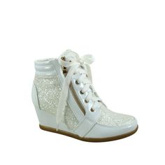 Round toe front, Lace Upper Lace Up, zipper for decoration only Glitter Metallic Rubber sole Wedge Heel Finished with lightly padded insole Heel Height: 2.75" (approx) Size: 7.  Color: White.  Gender: female.  Age Group: adult. Glitter Sneakers, Wedges Style, Low Wedges, Metal Lace, Sneaker Shoes, White Glitter, Shoes White, Sneaker Heels, Casual Shoes Women