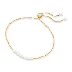 Ross-Simons - 3-3.5mm Cultured Pearl Bolo Bracelet in 14kt Yellow Gold. RS Pure. Chic, modern, elegant ? and perfect for every look, every day. This dainty bolo bracelet features a 3-3.5mm cultured pearl centerpiece on a simple 14kt yellow gold Singapore chain. Complete your wardrobe by adding it to your stack of delicate bracelets. Adjusts to fit up to an 8" wrist. White pearl bolo bracelet. Pearl birthstones are the perfect gift for June birthdays. Modern Adjustable Pearl Bracelet For Formal Occasions, Adjustable Classic Yellow Gold Pearl Bracelet, Classic Adjustable Yellow Gold Pearl Bracelet, Pearl Centerpiece, Pearl Birthstone, Bolo Bracelet, June Birthday, Bracelet Pearl, Fine Jewelery