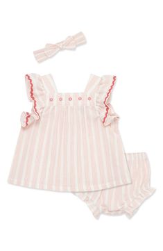 Little Me Stripe Cotton Ruffle Top, Bloomers & Headband Set | Nordstromrack Cute Striped Cotton Sets, Spring Beach Striped Sets, Cute Daywear Sets For Spring, Cute Spring Daywear Sets, Cotton Ruffle Top, Newborn Baby Girls, Dressy Fashion, One Piece Pajamas