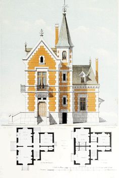 an architectural drawing of a yellow house