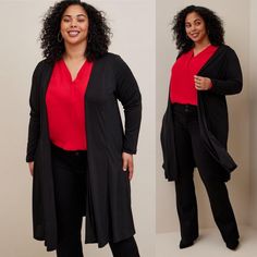 Torrid Crepe Open Front Duster Product Details Fit Measures 46" From Shoulder Duster Silhouette. Materials + Care Crepe Knit Fabric. 96% Polyester, 4% Spandex. Machine Wash Cold. Line Dry. Imported. Details Open Neckline. Long Sleeves. Versatile Stretch Cardigan For Work, Versatile V-neck Stretch Outerwear, Versatile Stretch V-neck Outerwear, Front Open, Knit Fabric, Knitted Fabric, Womens Tops, Spandex, Long Sleeve