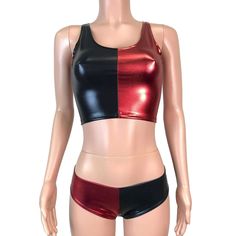 Full Harley Quinn costume that includes a spandex metallic crop top and cheeky hot pants. Wear this costume to a rave, music festival, roller derby, or costume party. Edgy Fitted Crop Top For Halloween, Stretch Crop Top For Club On Halloween, Black Punk Crop Top For Cosplay, Fitted Halloween Party Swimwear, Fitted Disco Swimwear For Club, Disco Style Fitted Swimwear For Club, Black Crop Top For Cosplay, Stretch Crop Top For Cosplay, Halloween Cosplay Fitted Crop Top