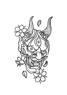 an animal mask with flowers on it's head, drawn in black and white