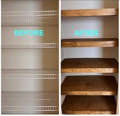 before and after photos of an empty pantry shelving unit, with the bottom shelf removed