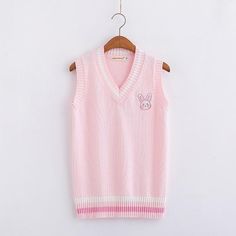 Rabbit Embroidery, Kawaii Sweater, Egirl Clothes, Pink Vest, Pink Rabbit, Vest Designs, Comfortable Sweater, Classic Sweater, Sleeveless Pullover