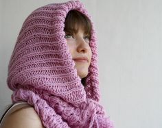 Purple Wool Hooded Cabled Long Scarf Cowl by denizgunes on Etsy Knitted Hoodie For Cold Weather, Knitted Hooded Scarf, Pink Winter Hoodie For Cold Weather, Cold Weather Knitted Hooded Hoodie, Cozy Knitted Hooded Hoodie, Cozy Pink Hoodie For Cold Weather, Knitting Hooded Scarf, Scarf With Hood Crochet, Hooded Infinity Scarf