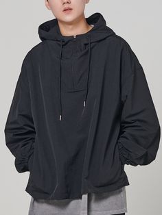 Editor's notesActive Pullover Hood Anorak by AKECII is made of nylon and features a functional water-resistant capability. It has a relaxed fit with a drop shoulder pattern  allowing for an oversized look. The drawstring at the hem and stretchy sleeves provide flexibility for various styling options and fits.- Hood with string- Over fit- Half zip-up- Drop shoulder- Hidden side pockets- Unisex available- Versatile itemMeasurements(in.)M / L- Length: 26.77 in. / 27.56 in.- Shoulder: 26.38 in. / 27 Black Windbreaker With Detachable Hood, Black Oversized Windbreaker With Adjustable Hood, Oversized Black Hooded Windbreaker, Oversized Black Windbreaker With Adjustable Hood, Oversized Windbreaker With Adjustable Hood For Streetwear, Oversized Black Windbreaker With Double-lined Hood, Casual Black Windbreaker With Detachable Hood, Black Half-zip Techwear Windbreaker, Oversized Windbreaker With Double-lined Hood For Streetwear