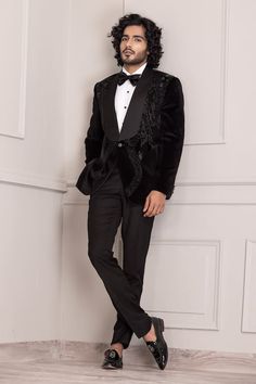 Black full sleeves shawl lapel collar velvet tuxedo with all over swerve embroidery using tonal cutdana and nalki highlights. Paired with a trouser. - Aza Fashions Black Velvet Embroidery, Trouser For Men, Velvet Tuxedo, Velvet Embroidery, Full Sleeves, Black Suits, Mens Trousers, Lapel Collar, Aza Fashion