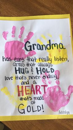 a child's handprint on a piece of paper with the words grandma written in it