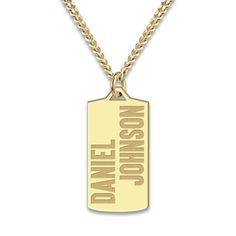 A lustrous high-polish, engravable dog tag pendant hangs handsomely around this stylish men's necklace. Fashioned in yellow gold-plated sterling silver, the 22-inch curb chain secures in place with a lobster clasp. Personalize with 2 lines of text. Line 1 - 18 letter max, Line 2, 8 letter max. Modern Personalized Dog Tag Jewelry, Personalized Dog Tag Jewelry Gift, Classic Dog Tag Jewelry With Polished Finish, Classic Engraved Dog Tag Necklace, Father's Day Dog Tag Necklace With Engraving Option, Classic Tarnish-resistant Dog Tag Jewelry, Modern Jewelry With Engraving Option For Father's Day, Classic Gold Dog Tag Necklace, Father's Day Gold Jewelry With Engraving Option