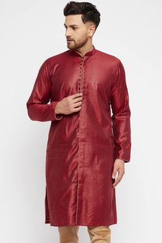 Buy Men's Blended Silk Woven Kurta in Maroon Rose Gold Fabric, Kurta Top, Maroon Jacket, Men's Ethnic Wear, Festive Wedding, Gold Silk, Gold Fabric, Self Design, Fabric Silk