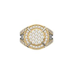 This dual-tone diamond signet ring is made from the finest solid gold and round brilliant cut diamonds. The ring is made from a cluster of round cut diamonds in the centre with a metal rim on the outside White Diamond Round Signet Ring, White Diamond Signet Ring With Center Stone, Diamond White Signet Ring With Center Stone, White Gold Signet Ring With Pave Setting, Diamond Pave Setting Signet Ring, Diamond Signet Ring With Pave Setting, Fancy Color Diamond Ring, Diamond Signet Ring, Colored Diamond Rings