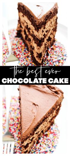 the best ever chocolate cake with sprinkles on top is cut in half and ready to be eaten