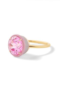 Make a statement day or night. This ring adds the perfect amount of sparkle to any occasion. Customize with your choice of round-shaped lab-created gemstone with matching two-tone colored enamel. Modern White Gold Enamel Ring, Pink Formal Enamel Ring, White Gold Enamel Round Rings, Elegant Enamel Jewelry With Bezel Setting, Rose Gold Enamel Ring, Pink Gold Rings With Halo Setting, Pink Gold Round Jewelry With Halo Setting, Pink Gold Halo Setting Ring, Yellow Gold Enamel Diamond Ring