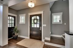 an empty entryway with wood floors and white trim on the door, windows, and rug