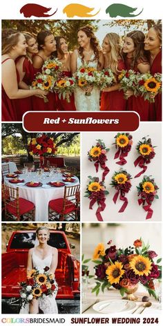 sunflower wedding bouquets and bridesmaids in red, yellow and green colors