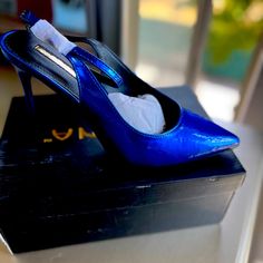 New In Box Liliana Blue Patent Leather Heels With A Strap Sz 9 Vitto Blue Slingback Pumps With 4-inch Heel For Evening, Blue Pointed Toe Slingback Pumps For Party, Blue High Heel Slingback Pumps For Evening, Chic Blue Slingback Pumps For Party, Blue Slingback Pumps With Round Toe For Party, Blue Closed Toe Slingback Pumps For Evening, Blue Open Toe Slingback Pumps For Party, Elegant Blue Slingback Pumps With 4-inch Heel, Blue Ankle Strap Slingback Pumps For Party