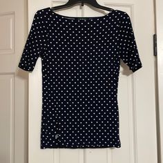 Never Worn, Polka Dot Ralph Lauren T-Shirt. Comfortable Soft Material. Not See Through And Is Modest Polka Dot Cotton T-shirt With Short Sleeves, Cotton T-shirt With Polka Dot Pattern And Short Sleeves, Polka Dot Short Sleeve T-shirt For Spring, Ralph Lauren Summer T-shirt With Short Sleeves, Navy Ralph Lauren Short Sleeve Tops, Blue Ralph Lauren Crew Neck T-shirt, Ralph Lauren Navy Short Sleeve Tops, Ralph Lauren Summer Casual T-shirt, Navy Short Sleeve Ralph Lauren Top