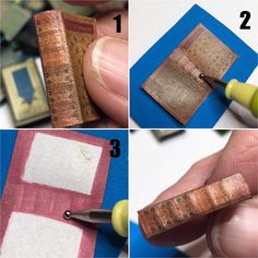 four pictures showing how to make a miniature book with fabric and wood trimmings